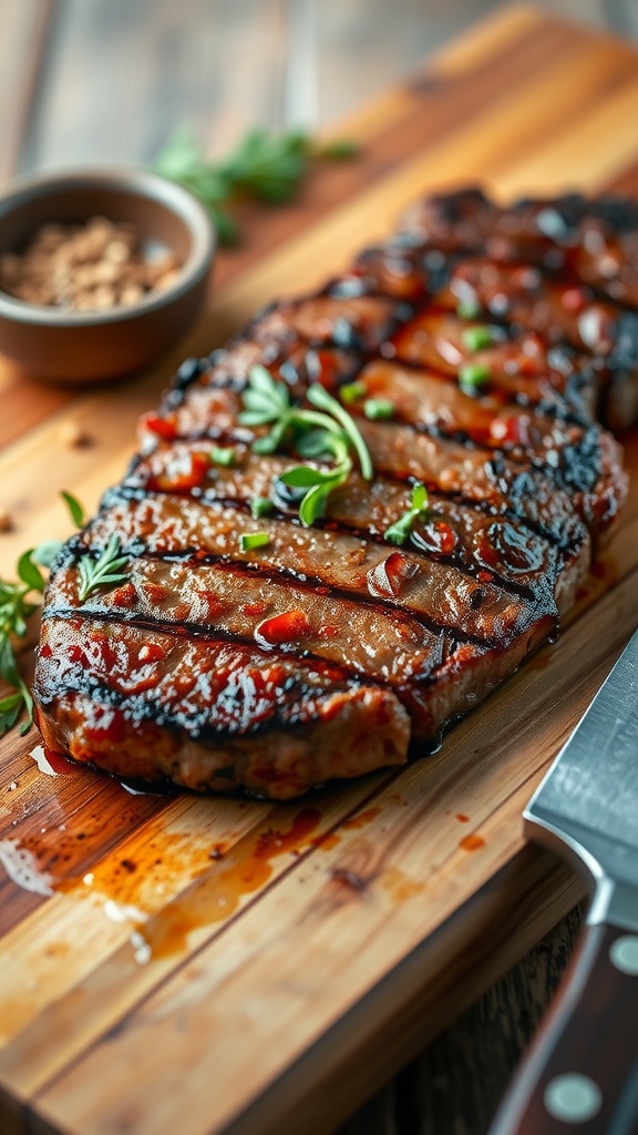Juicy Air Fryer Venison Steak Recipe Juicy venison steak with a perfect sear, garnished with herbs, on a rustic wooden board.